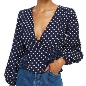 TOPSHOP Navy Polka Dot Wrap Blouse Size 4
